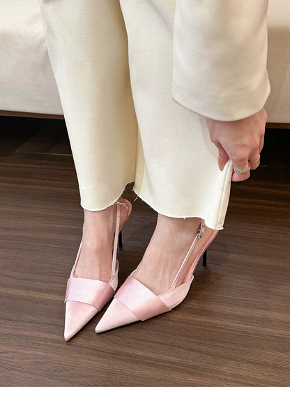 Cool and sophisticated！Pointed Toe silver Satin Sandals for Women, Closed Toe, Open Back, Stiletto High Heels2025