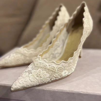 2025Spring and Autumn Lace White Single Shoes Wedding Bride Shoes Women Pointed Toe Thin Heel Hollow Embroidery Mesh High Heels