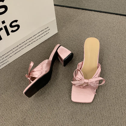 French-style High-end Satin Bow Thick Heel Sandals for Women2023New summer open-toe high heels