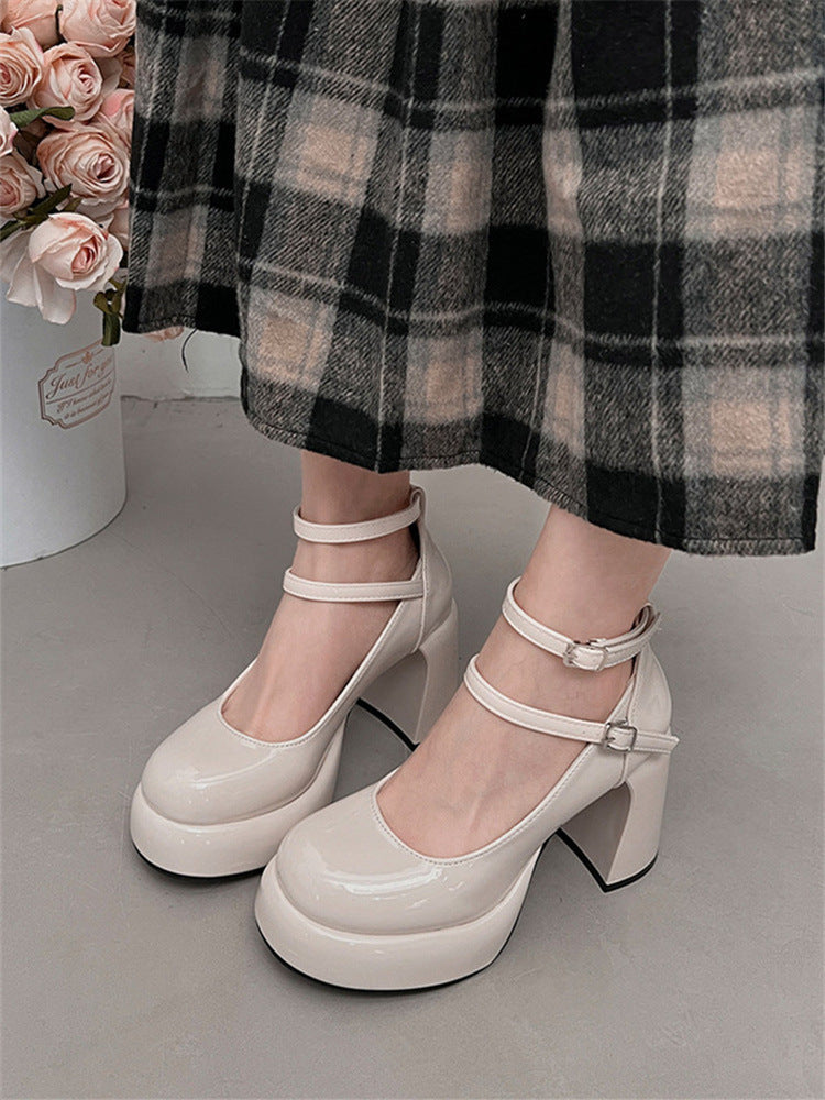 French style red high heels for women2024New Year's New Matching Skirt Temperament Thick Heel Mary Jane Shoes