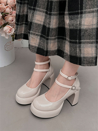 French style red high heels for women2024New Year's New Matching Skirt Temperament Thick Heel Mary Jane Shoes