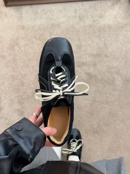 2025Spring and Autumn Retro Black Lace-up Shoes for Women, Height-increasing Casual Sneakers, Trendy Sports Shoes