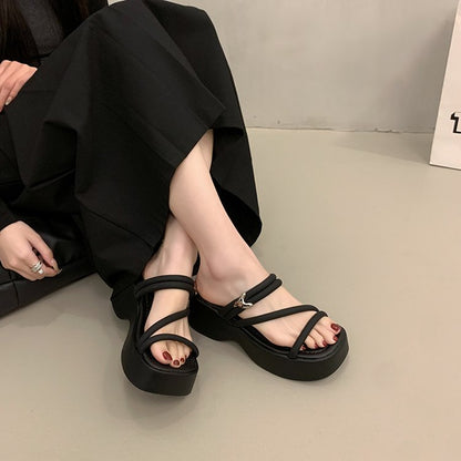 Solid Color Platform Sole Slippers PU Rubber mid-heel(3-5cm)