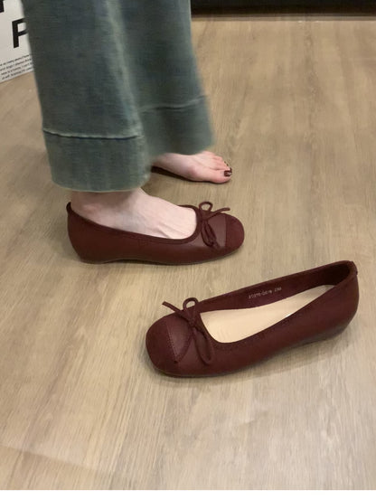 Women's French Style Shoes with Hidden Wedge2025Spring and Autumn New Suede Bowknot Slip-On Light Mouth Apricot Evening Shoes