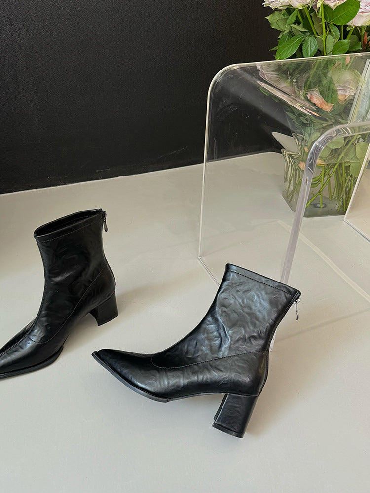 Pointed Toe Short Boots for Women2024New Autumn Winter Women's Boots Niche Slim Boots Design Sense Chunky Heel High Heel Short Boots