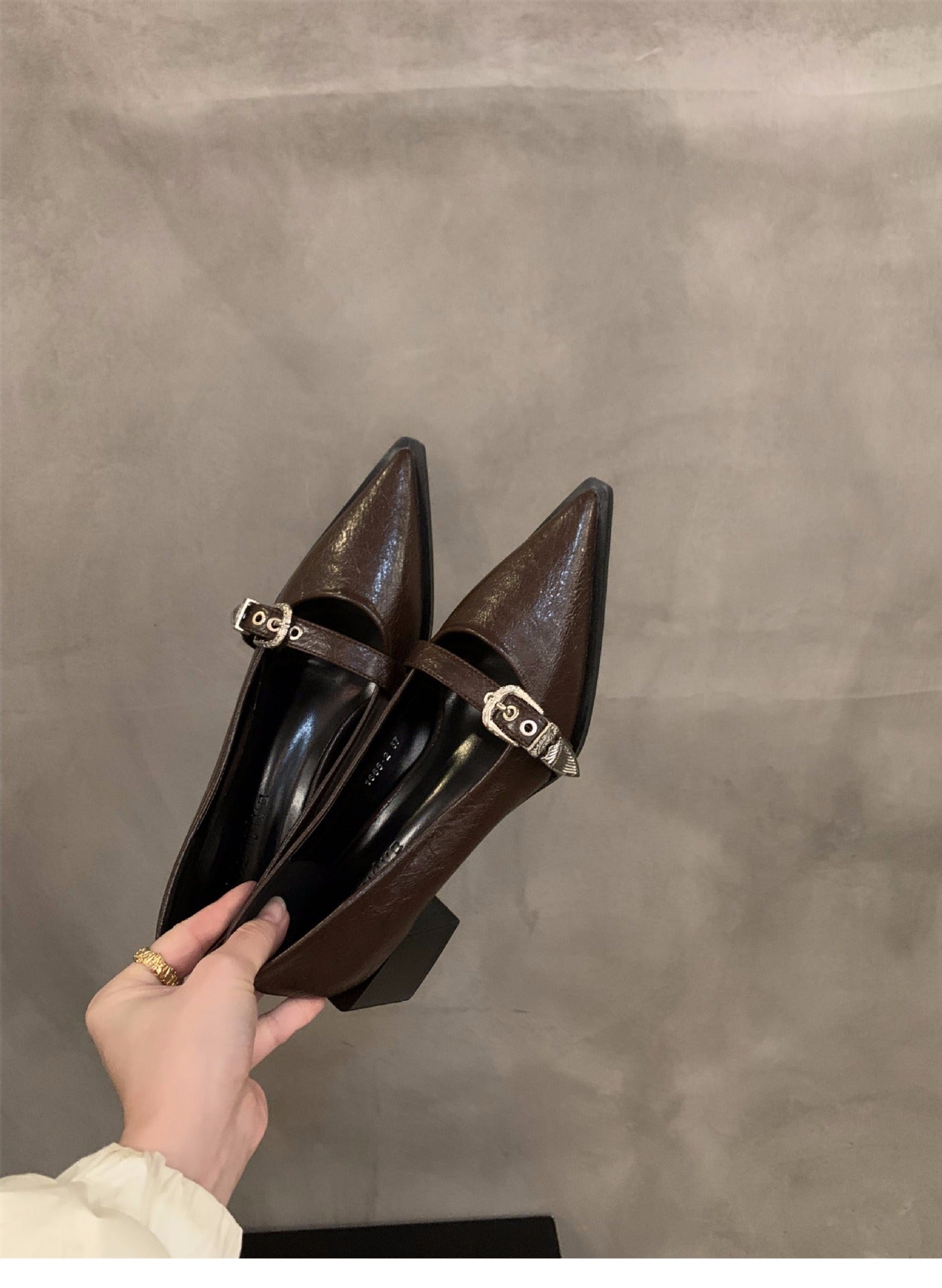 French Style Mary Jane Leather Shoes for Women2024New Spring Autumn Winter Black Pointed High Heels Single Shoes