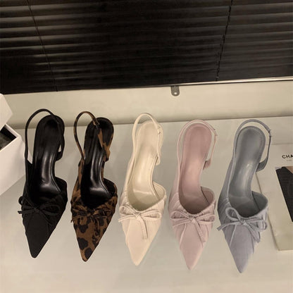 French Gentle•White Pleated Bow High Heels for Women Spring Backless Shallow Mouth