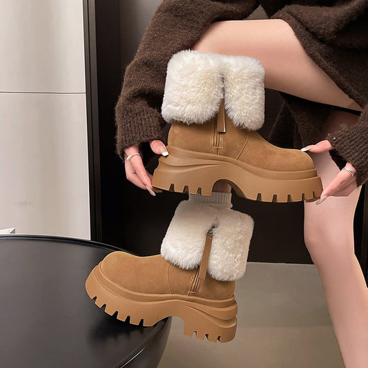 Artificial Short Plush Winter Suede High Heels(6-8cm)Side Zipper Round Toe Rubber Short Snow Boots Chunky Heel