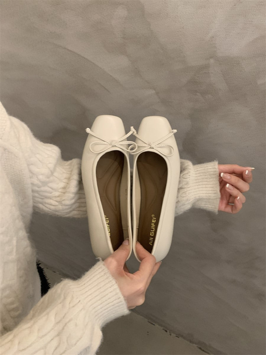 silver Flats Shallow Mouth Bowknot2024Spring New French Style Gentle Evening Breeze Flat Shoes for Women
