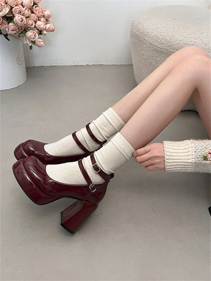 French style red high heels for women2024New Year's New Matching Skirt Temperament Thick Heel Mary Jane Shoes