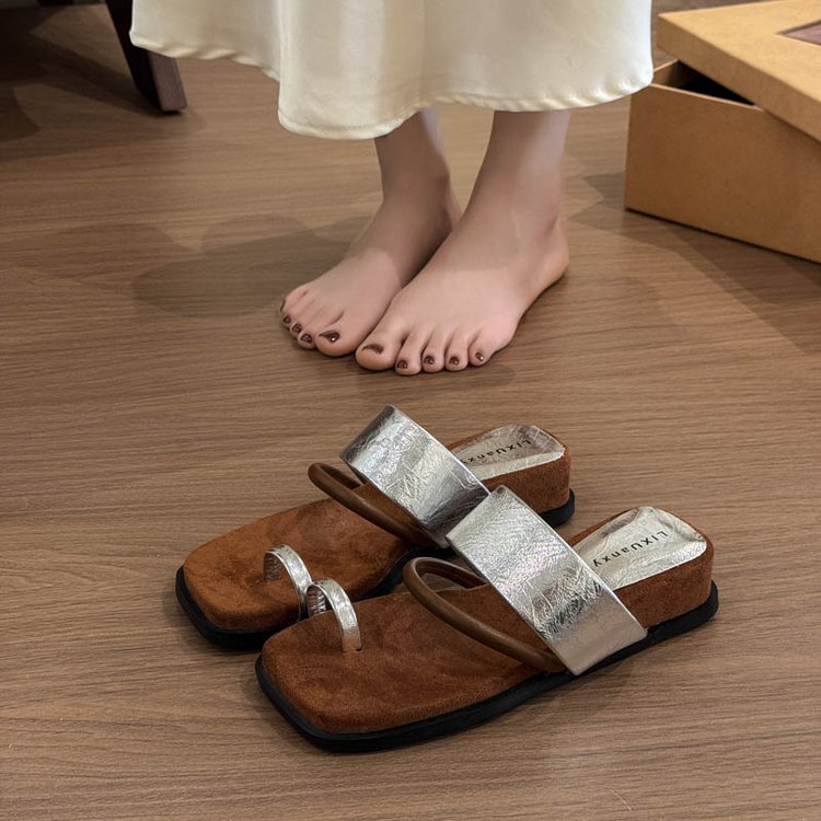 Rubber PU Medium Heel Flat Toe Slippers