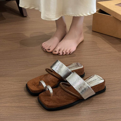 Rubber PU Medium Heel Flat Toe Slippers