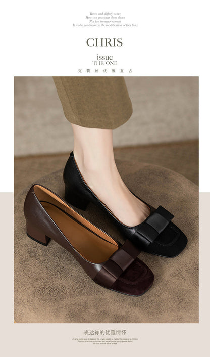 French style color-blocking high heels for women2024Spring and Autumn New Style Chunky Heel Bow Retro Mid-Heel Single Shoes