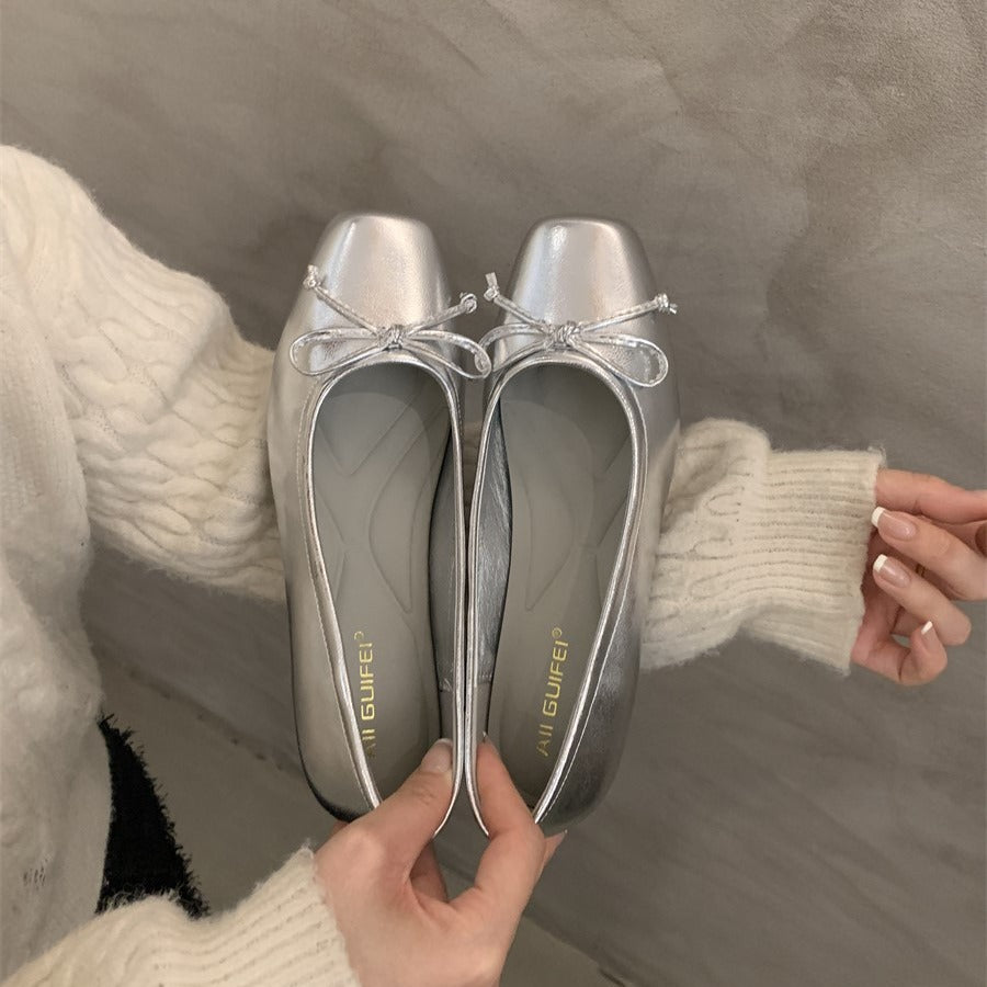 silver Flats Shallow Mouth Bowknot2024Spring New French Style Gentle Evening Breeze Flat Shoes for Women