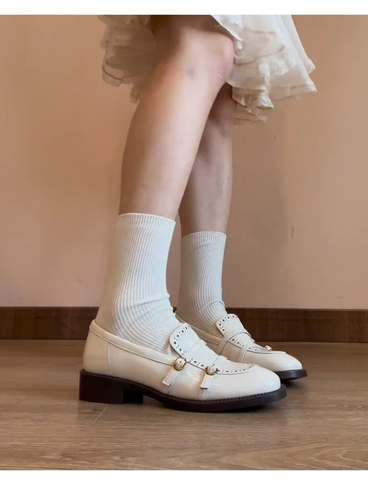 French Style Gentle White Loafers for Women with Belt Buckle Carved Slip-On Low Heel Shoes