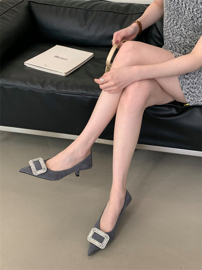 French pointed toe high heels stiletto single shoes for women2025Spring and Autumn New Style Cat Heel Elegant Rhinestone Black Work Shoes