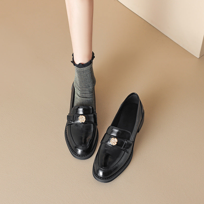 Left Bank Paris～！Chunky Heel British Style Gold Buckle Loafers for Women, Patent Leather Black Single Shoes