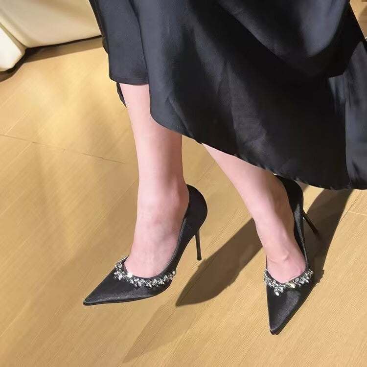 Purple high heels for women with thin heels and pointed toes, decorated with rhinestones V Elegant Socialite Style French Single Shoes2024Winter New