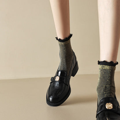 Left Bank Paris～！Chunky Heel British Style Gold Buckle Loafers for Women, Patent Leather Black Single Shoes