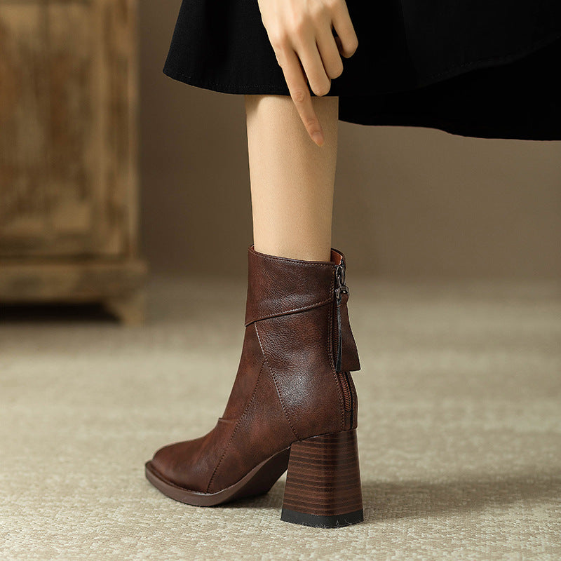 Women's Chunky Heel Ankle Boots2024New High Heel Winter Brown Slim Boots British Style Retro Martin Boots