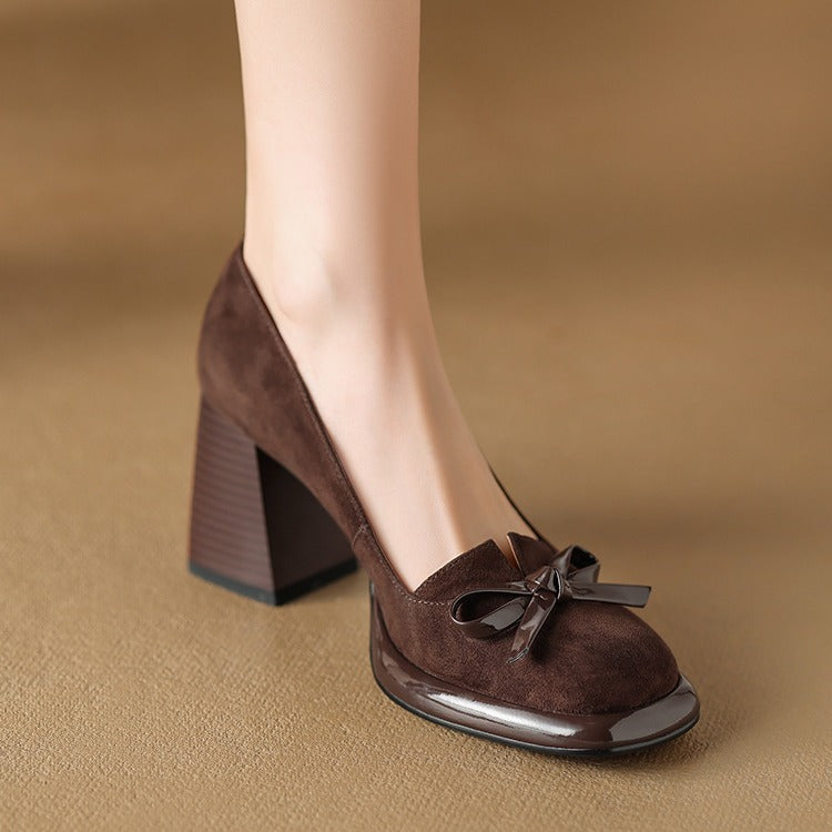 2024Spring New Style Bowknot Matte Chunky Heel Pumps for Women Shallow Mouth Waterproof Platform Chunky Heel Pumps