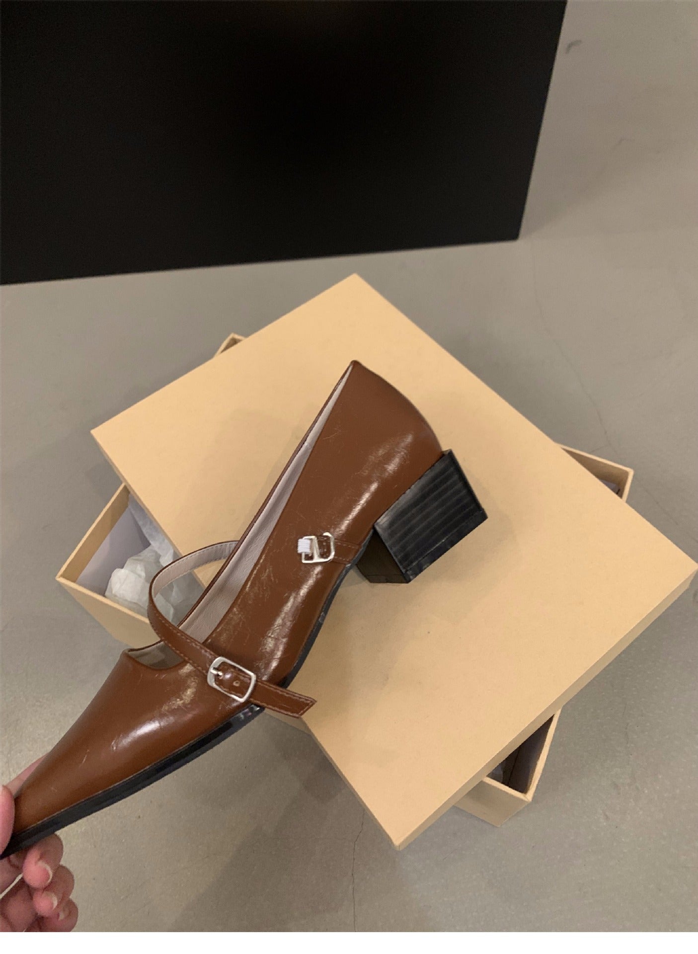 French style mid-high heel black pointed toe women's shoes2024New Spring Autumn Winter Mary Jane Evening Shoes