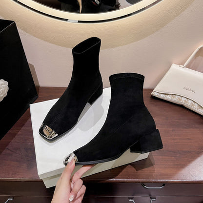 Women's Suede Ankle Boots2024Autumn New Fashionable Chunky Heel Metal Square Toe Mid-Heel Stretch Slim Sock Boots