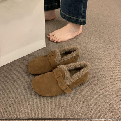 Japanese Mori Girl Style Retro Soft Leather Birkenstock Shoes for Women with Fleece Lining2024Autumn and Winter New Style Height-Increasing Warm Cotton Loafers