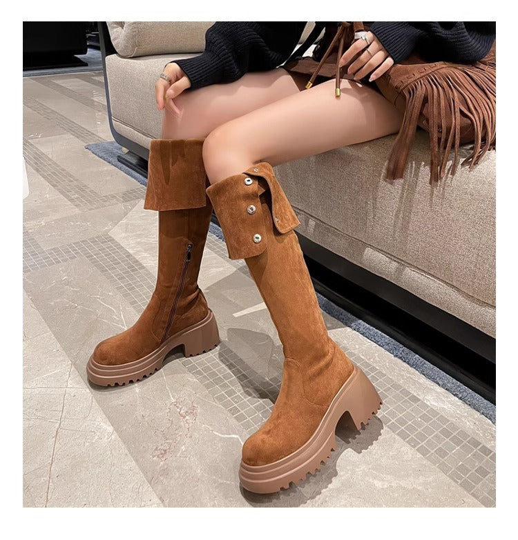 2025New Retro Small Western Boots for Women, Autumn and Winter Fleece-Lined Over-the-Knee Long Boots, Brown Long Boots, Riding Boots