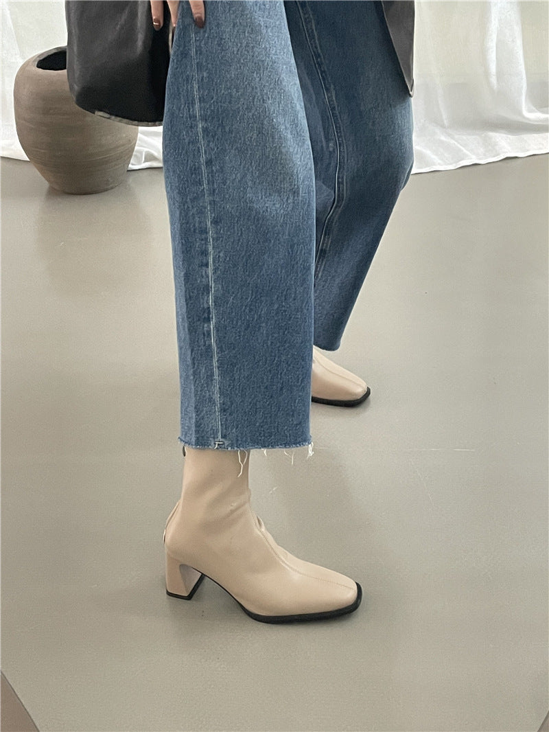 High Heel Slim Boots for Women Little Fairy2024New Year's Thick Heel Chimney Boots Internet Celebrity Fashion Chelsea Short Boots