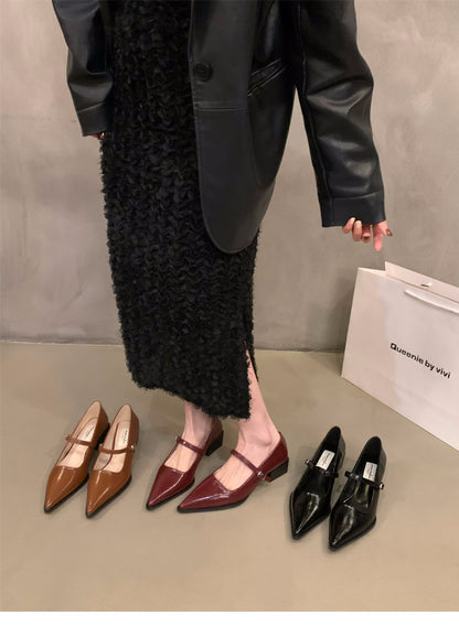 French style mid-high heel black pointed toe women's shoes2024New Spring Autumn Winter Mary Jane Evening Shoes