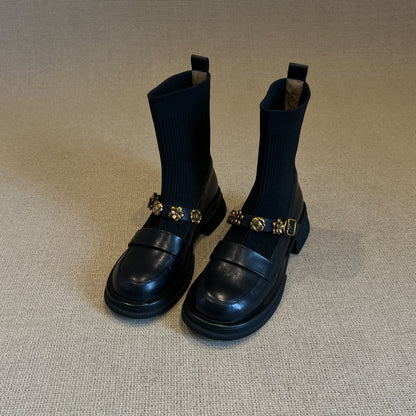 Thick-Soled Metal Buckle Elastic Short Boots Retro College Style Knitted Slim Boots Women Versatile Loafers Sock Boots