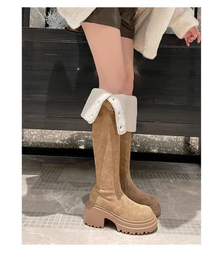 2025New Retro Small Western Boots for Women, Autumn and Winter Fleece-Lined Over-the-Knee Long Boots, Brown Long Boots, Riding Boots