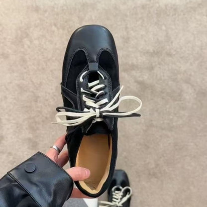 2025Spring and Autumn Retro Black Lace-up Shoes for Women, Height-increasing Casual Sneakers, Trendy Sports Shoes