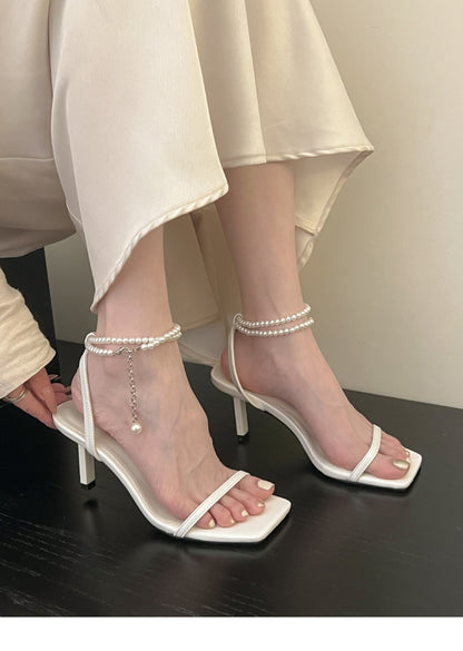 Mermaid Pearl Versatile Elegant One-Strap Sandals for Women2025New Year's Pearl Stiletto High Heels
