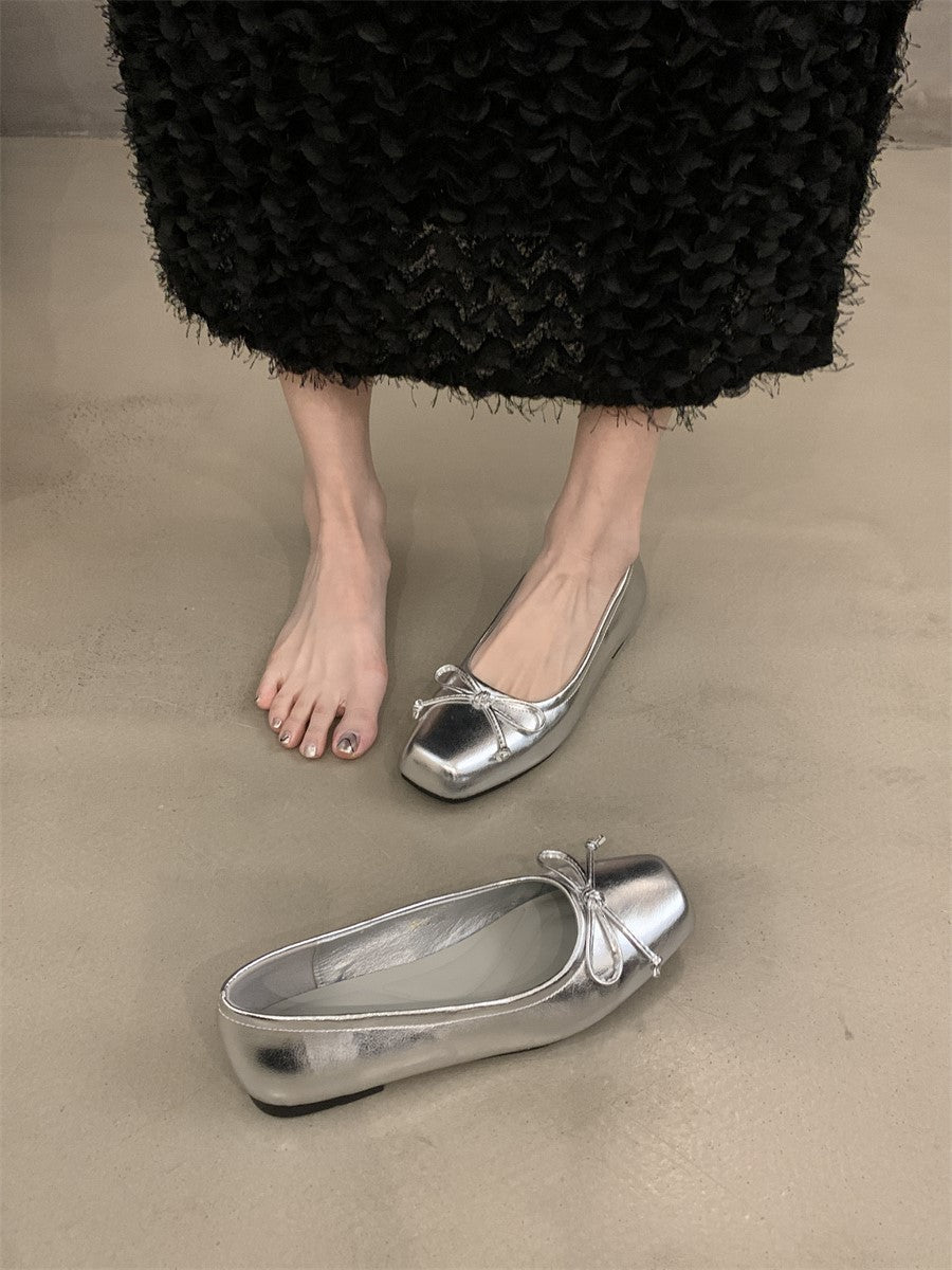 silver Flats Shallow Mouth Bowknot2024Spring New French Style Gentle Evening Breeze Flat Shoes for Women