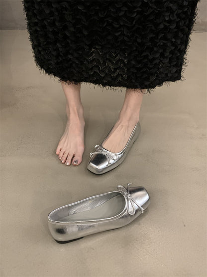 silver Flats Shallow Mouth Bowknot2024Spring New French Style Gentle Evening Breeze Flat Shoes for Women
