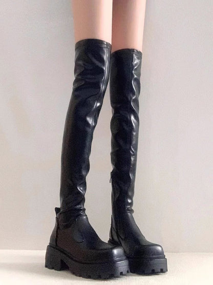 Over-the-Knee Long Boots for Women, French Style High Boots, Leg-Wrapping Elastic Slim Boots, Thick-Soled Leather Boots, Riding Boots