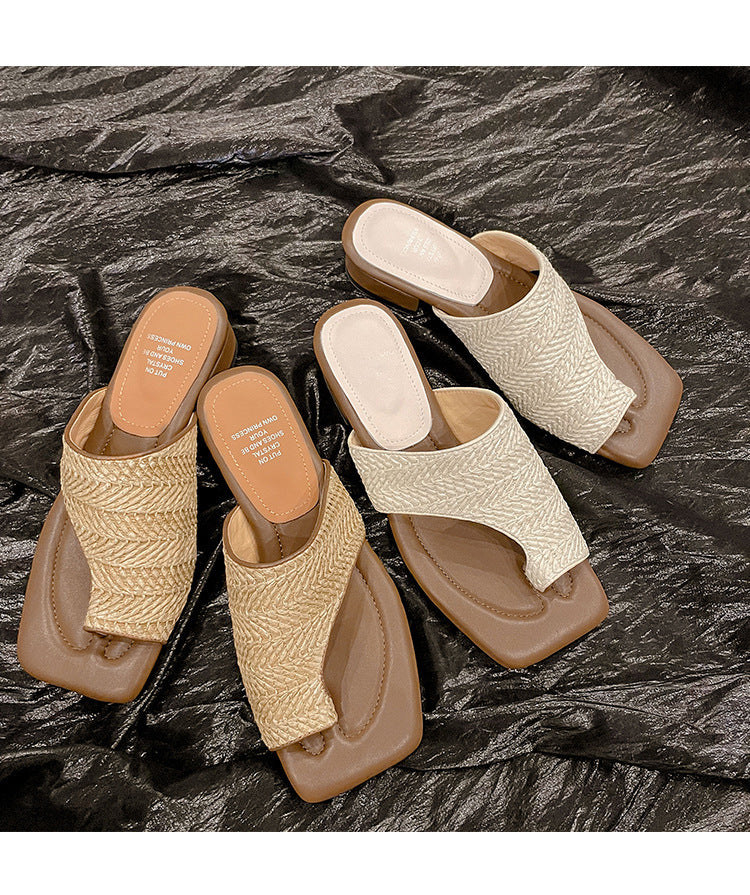French Retro Vacation Style Woven Toe Clip Sandals for Women Summer Niche Design Chunky Heel Sandals