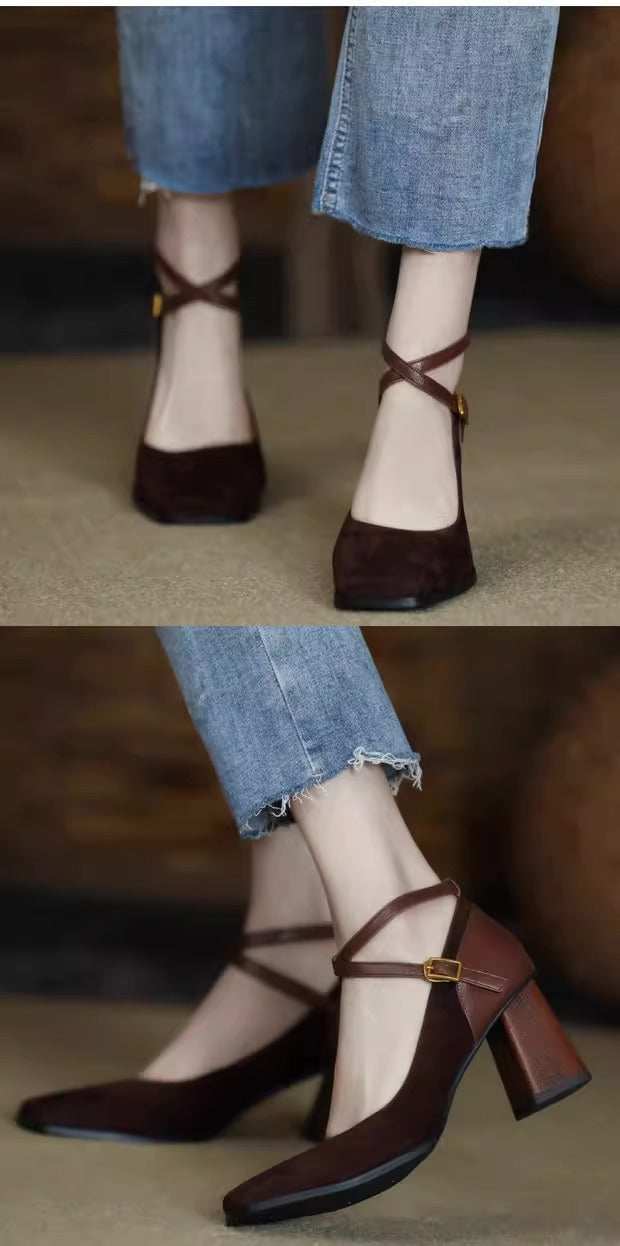 Women's retro square toe high heels2023Autumn and Winter New Suede Leather Patchwork Chunky Heel Cross Buckle Mary Jane Shoes