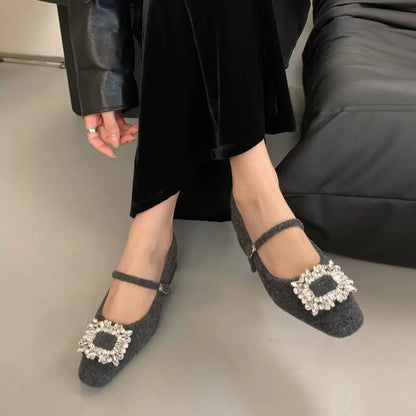Thick Heel High Heel Black Square Toe Rhinestone Single Shoes Women's Shoes2024New autumn and winter fleece-lined Mary Jane furry shoes