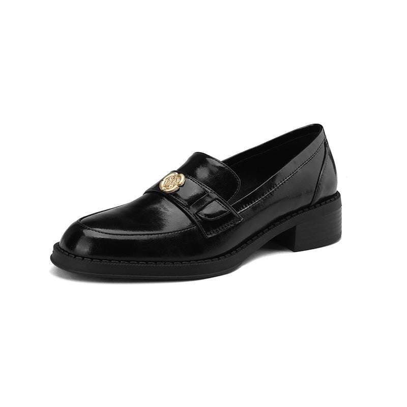 Left Bank Paris～！Chunky Heel British Style Gold Buckle Loafers for Women, Patent Leather Black Single Shoes