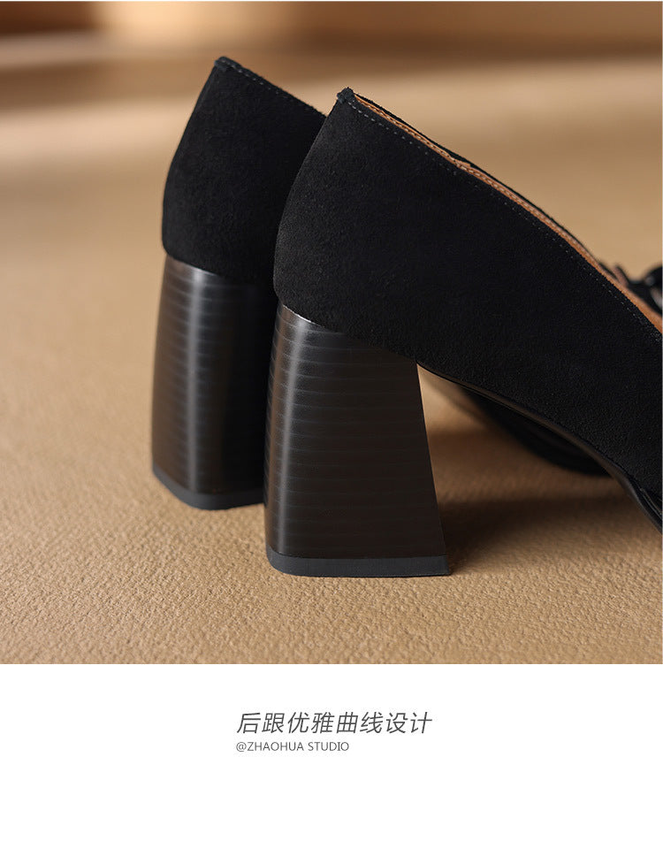 2024Spring New Style Bowknot Matte Chunky Heel Pumps for Women Shallow Mouth Waterproof Platform Chunky Heel Pumps