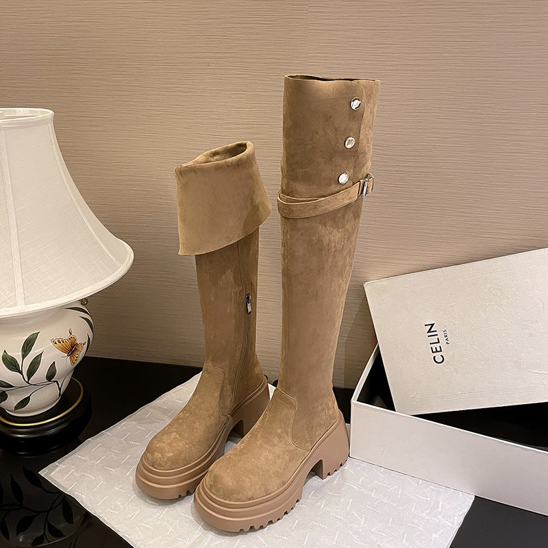 2025New Retro Small Western Boots for Women, Autumn and Winter Fleece-Lined Over-the-Knee Long Boots, Brown Long Boots, Riding Boots